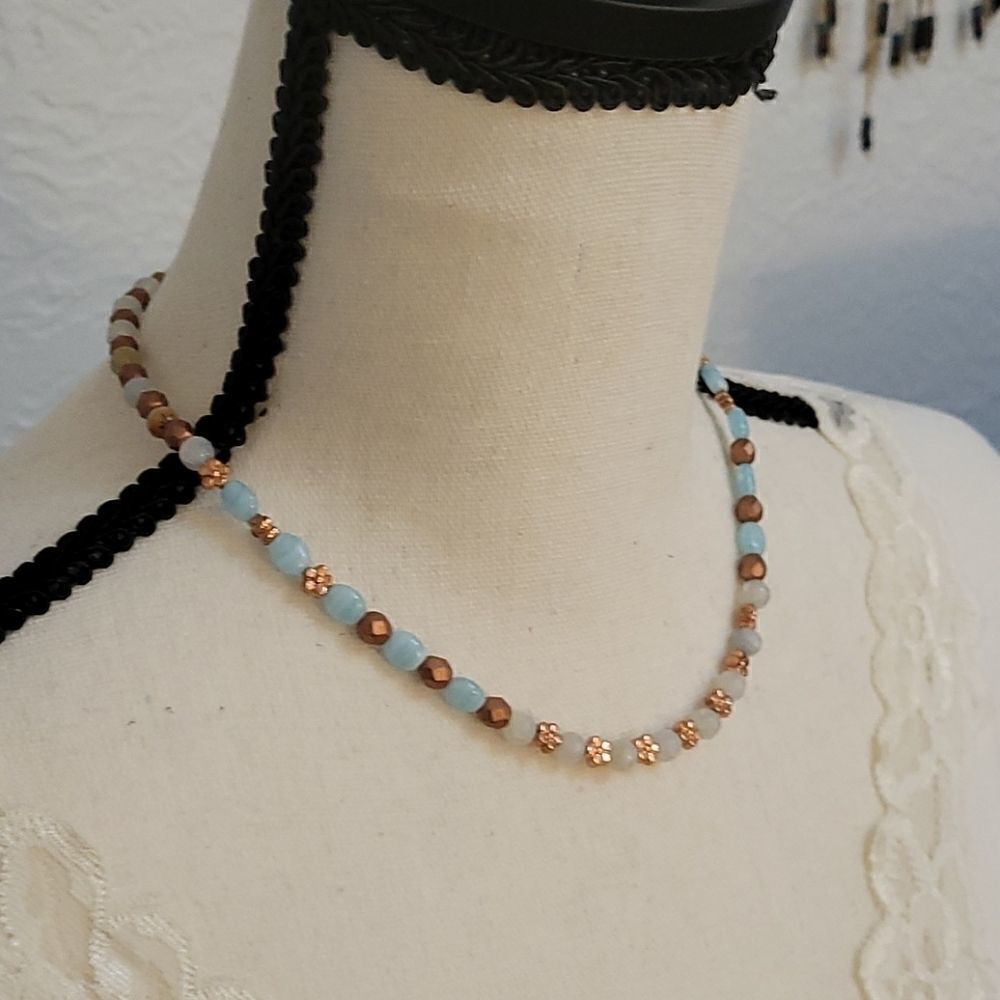 Handmade Icy Blue Czech Glass Quartz and Copper Floral Beaded Necklace - Picture 3 of 5
